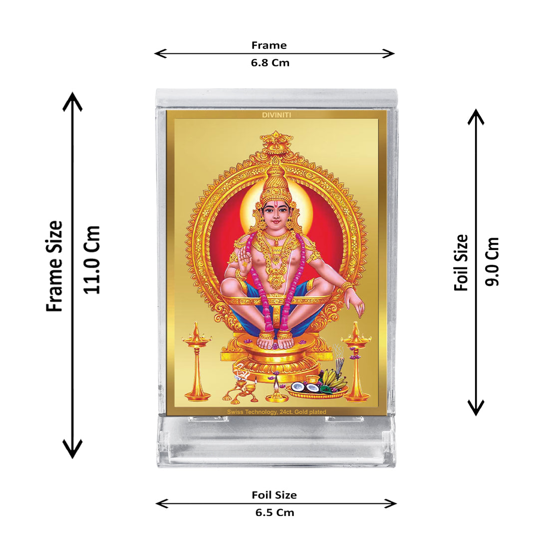 Diviniti 24K Gold Plated Foil Ayyappan Frame For Car Dashboard, Home Decor, Worship & Gift (11 x 6.8 CM)