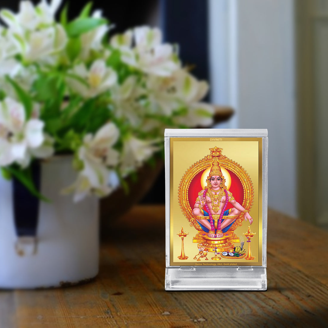 Diviniti 24K Gold Plated Foil Ayyappan Frame For Car Dashboard, Home Decor, Worship & Gift (11 x 6.8 CM)