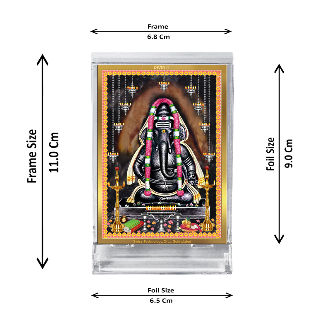 Diviniti 24K Gold Plated Foil Ayyappa Vinayagar Frame For Car Dashboard, Home Decor, Worship & Gift (11 x 6.8 CM)