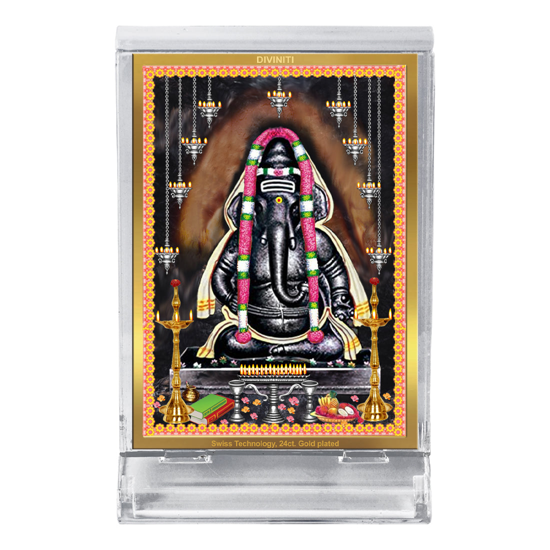Diviniti 24K Gold Plated Foil Ayyappa Vinayagar Frame For Car Dashboard, Home Decor, Worship & Gift (11 x 6.8 CM)