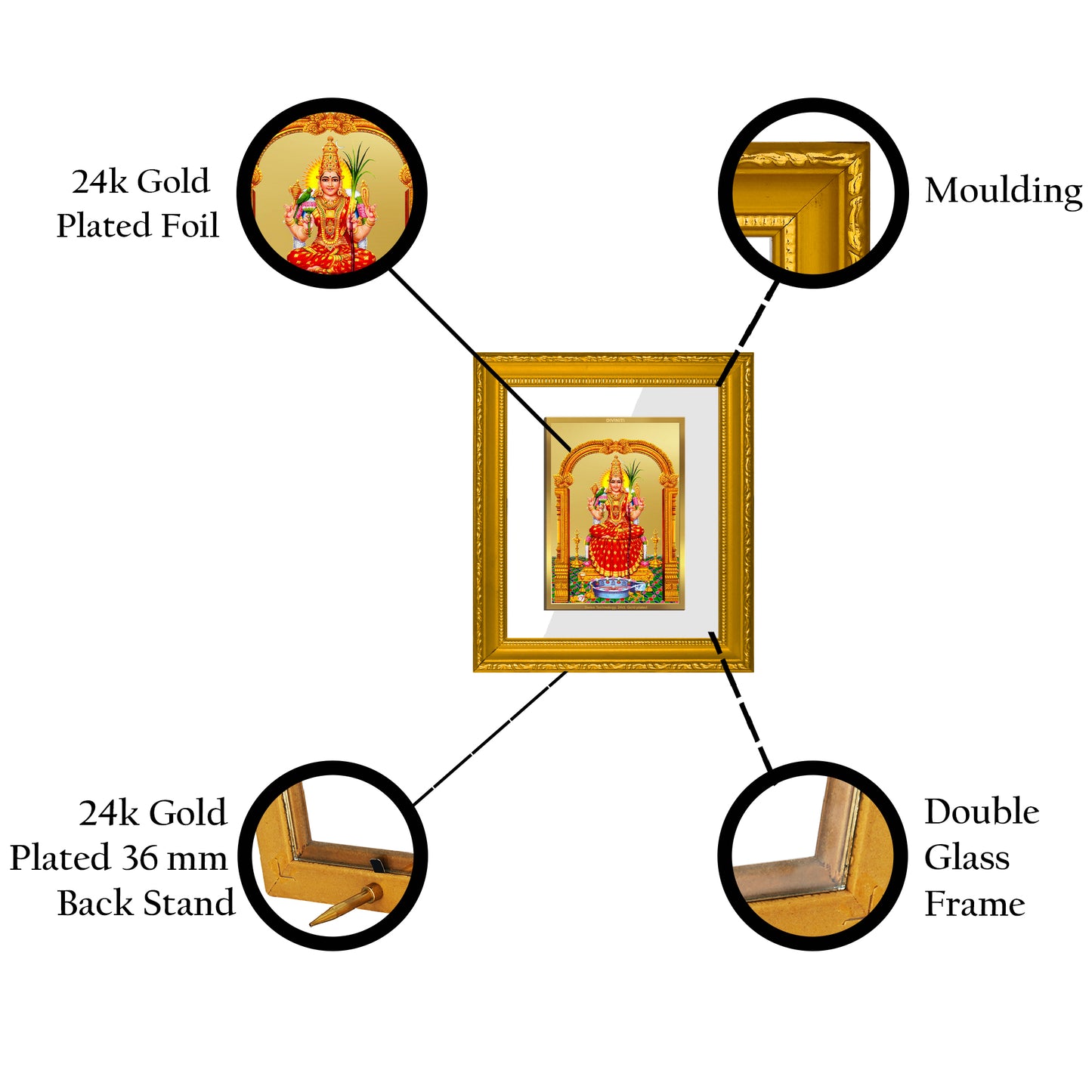 DIVINITI 24K Gold Plated Foil Kanchi Kamakshi Amman Wall Photo Frame Religious Photo Frame Idol for Home & Office Decor Prayer, Gifts Items DG 101 Size 1 (15.3x14.9 CM)