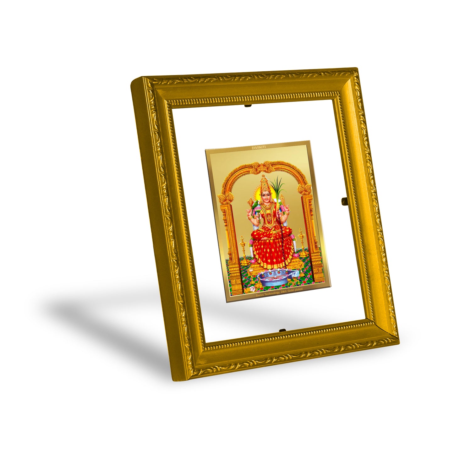 DIVINITI 24K Gold Plated Foil Kanchi Kamakshi Amman Wall Photo Frame Religious Photo Frame Idol for Home & Office Decor Prayer, Gifts Items DG 101 Size 1 (15.3x14.9 CM)