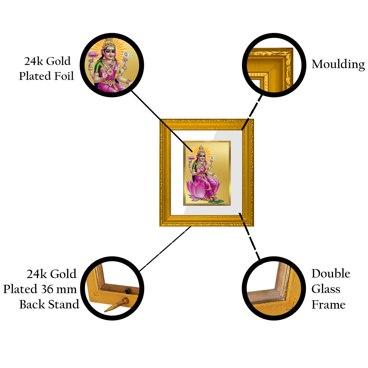 DIVINITI 24K Gold Plated Foil Aadi Lakshmi Wall Photo Frame Religious Photo Frame Idol for Home & Office Decor Prayer, Gifts Items DG 101 Size 1 (15.3x14.9 CM)