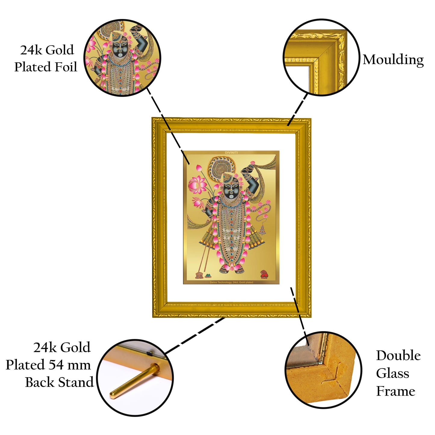 DIVINITI 24K Gold Plated Foil Lord Shrinathji Photo Frame Idol for Puja Room, Workshop, Home Decor, Gift|DG101 Size 2 (22.6x18.4 CM)