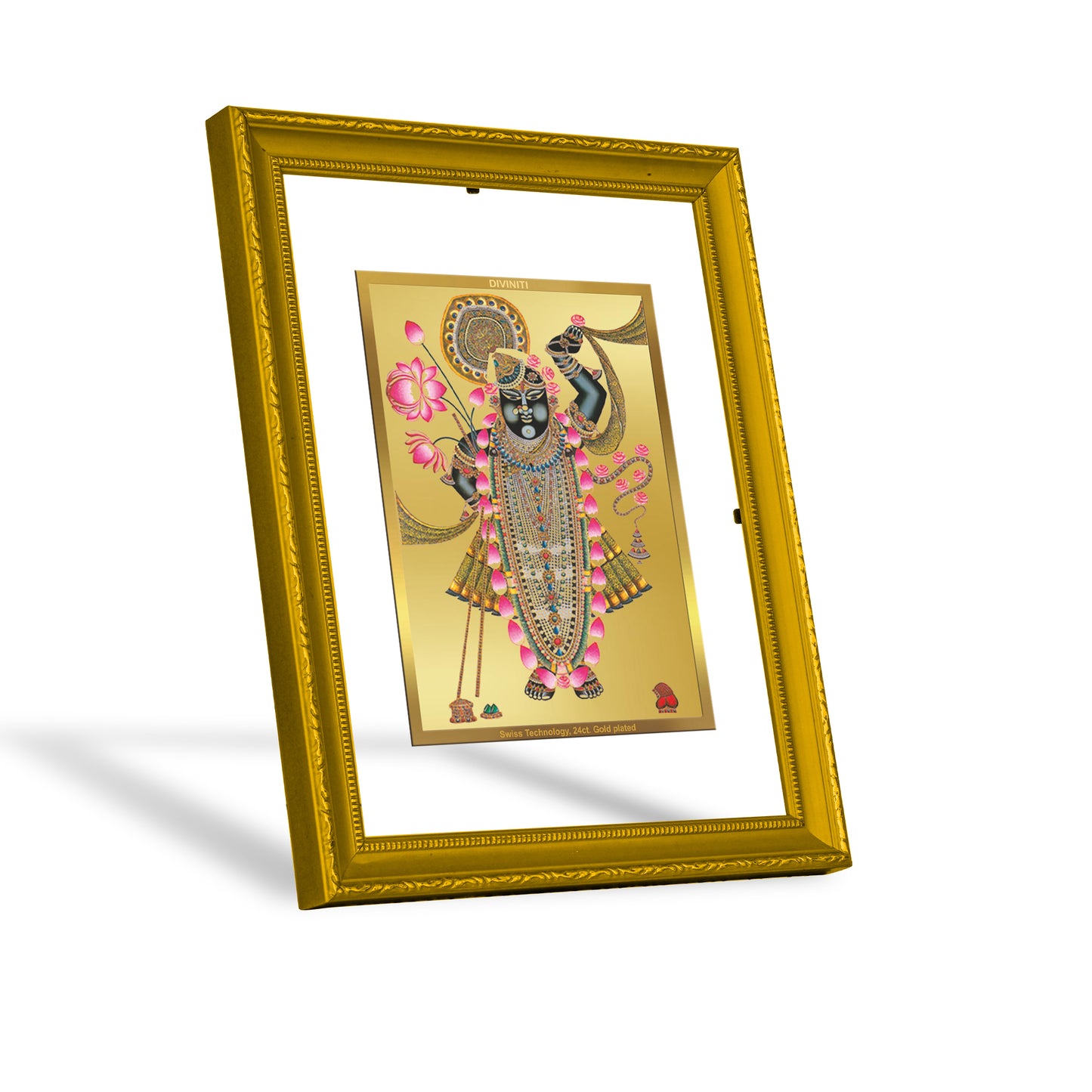 DIVINITI 24K Gold Plated Foil Lord Shrinathji Photo Frame Idol for Puja Room, Workshop, Home Decor, Gift|DG101 Size 2 (22.6x18.4 CM)