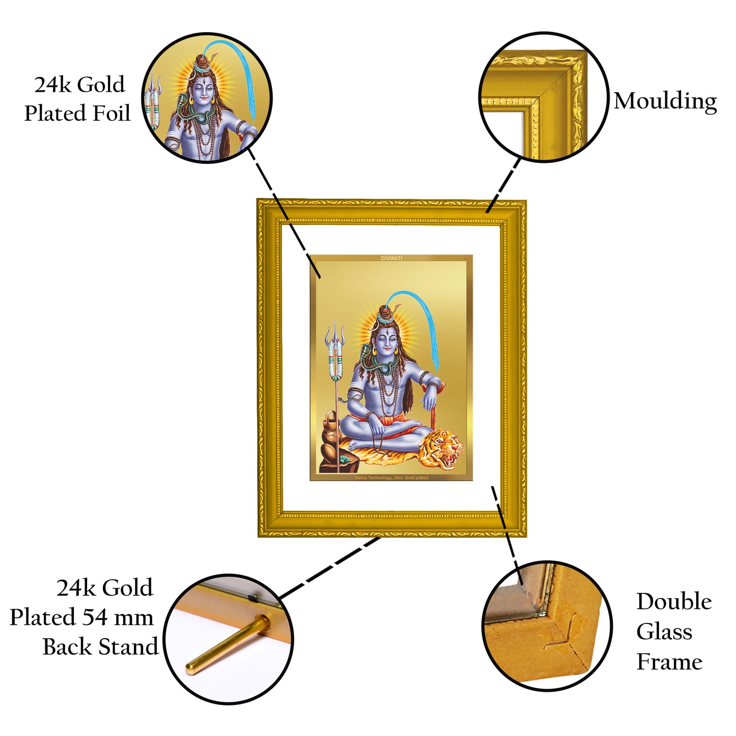 DIVINITI 24K Gold Plated Foil Lord Shiv Elegant Photo Frame Idol for Home Decor, Wall Hanging, Puja Room, Gift|DG101 Size 2 (22.6x18.4 CM)