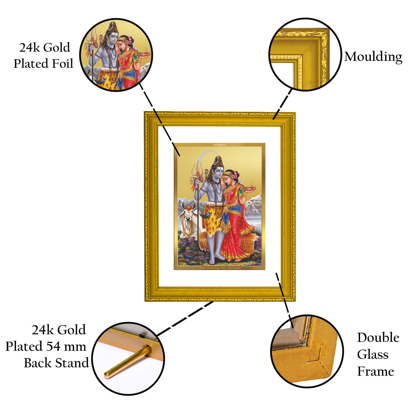 DIVINITI 24K Gold Plated Foil Lord Shiv Parivar Premium Photo Frame Idol for Wall Hanging, Puja Room, Home Decor, Gift|DG101 Size 2 (22.6x18.4 CM)