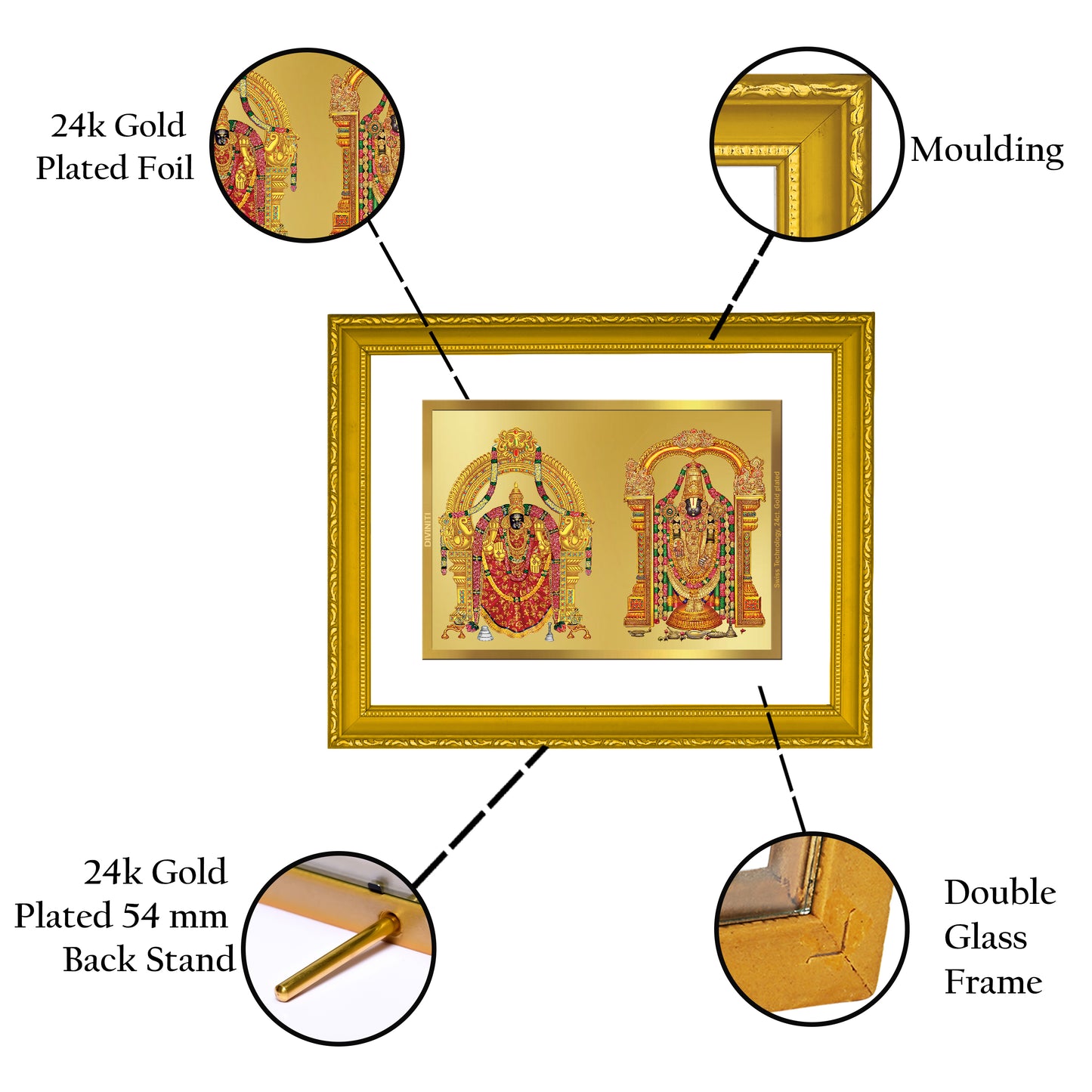 DIVINITI 24K Gold Plated Padmavathi Balaji Classic Photo Frame Idol for Home & Office Decor, Wall Hanging, Workshop, Table Top, Gift|DG101 Size 2 (22.6x18.4 CM)