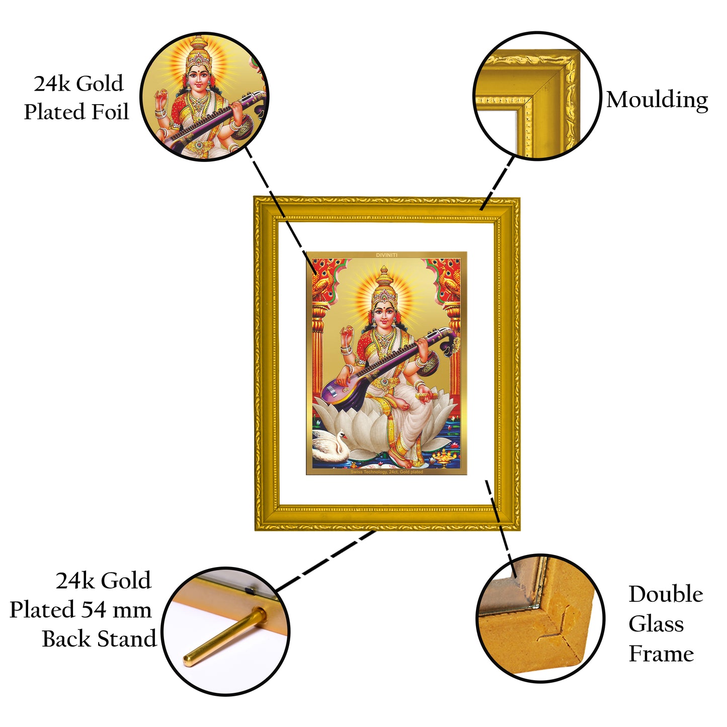 DIVINITI 24K Gold Plated Foil Saraswati Mata Photo Frame Idol for Wall Hanging, Puja Room, Workshop, Home Decor, Gift|DG101 Size 2 (22.6x18.4 CM)