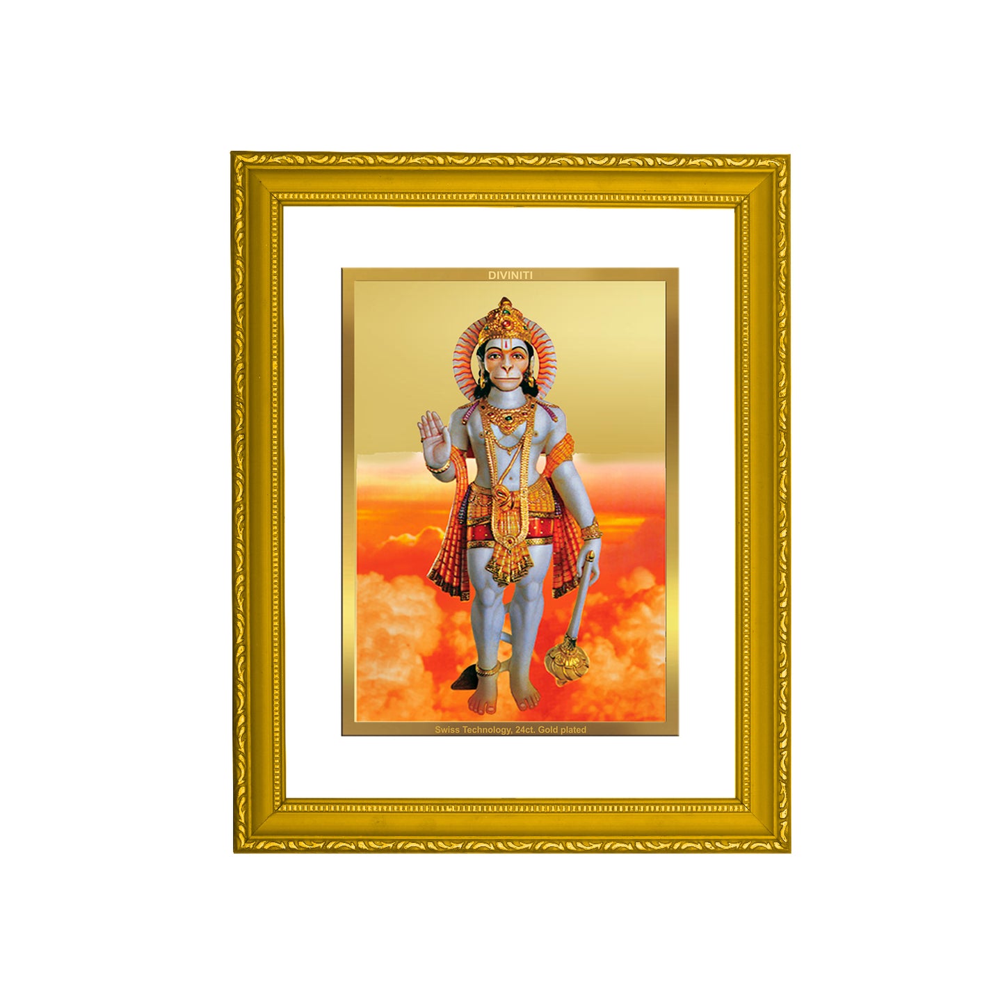 DIVINITI 24K Gold Plated Foil Lord Hanuman Traditional Photo Frame Idol for Home Decor, Workshop, Wall Hanging, Puja Room, Gift|DG101 Size 2 (22.6x18.4 CM)