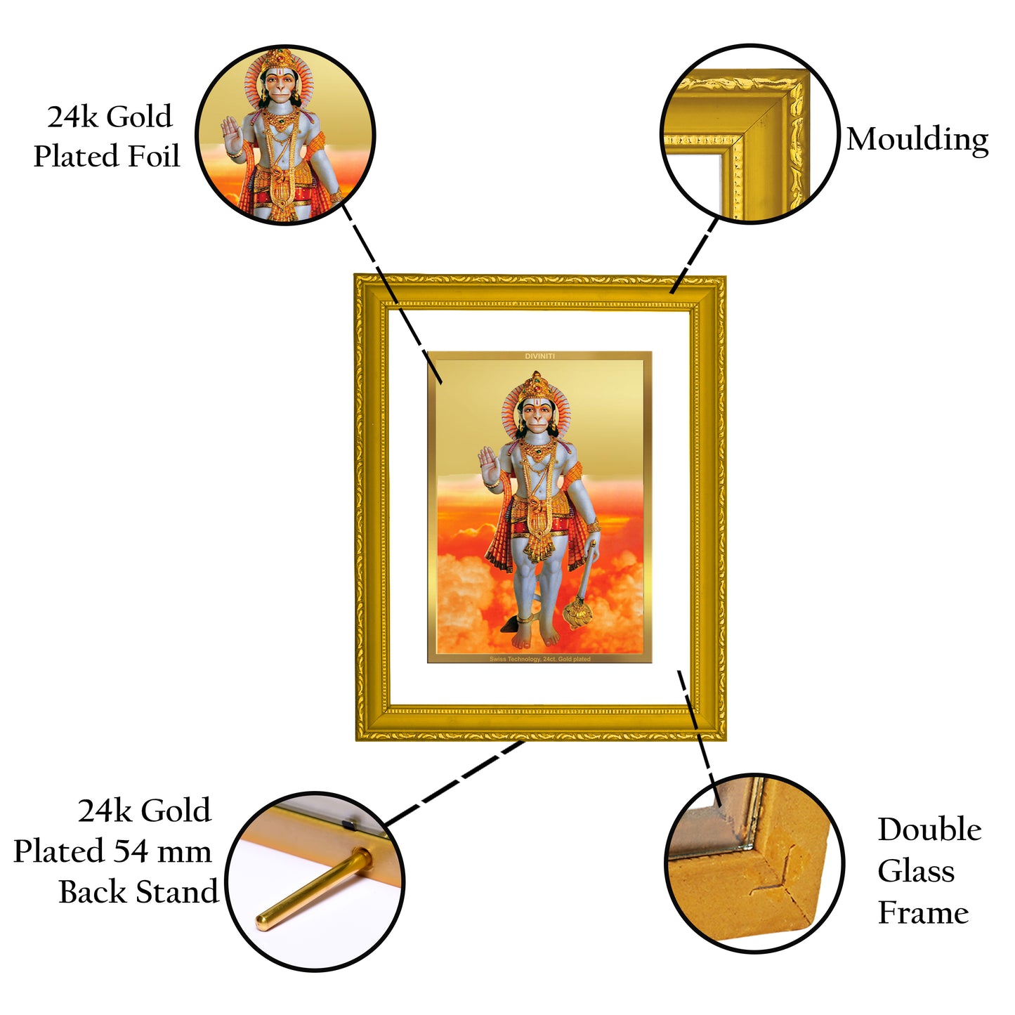 DIVINITI 24K Gold Plated Foil Lord Hanuman Traditional Photo Frame Idol for Home Decor, Workshop, Wall Hanging, Puja Room, Gift|DG101 Size 2 (22.6x18.4 CM)