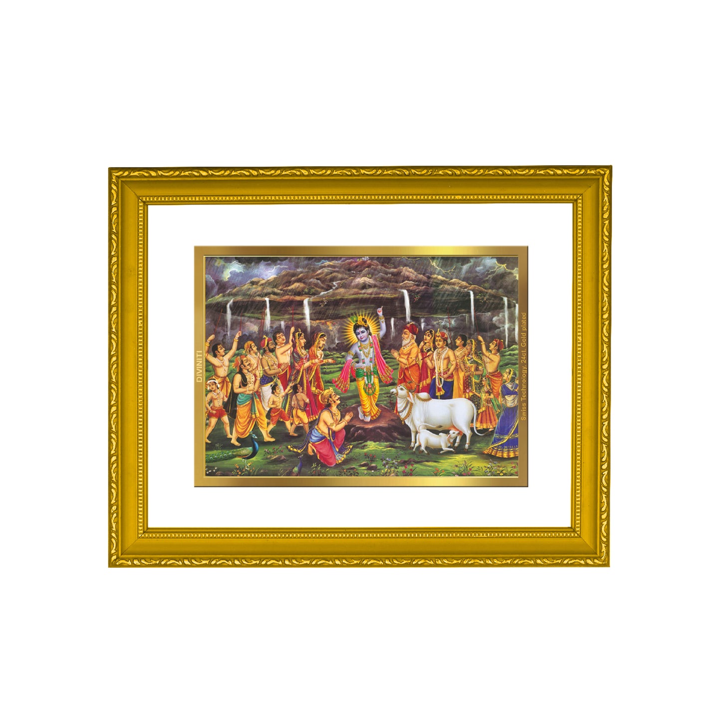 DIVINITI 24K Gold Plated Foil Goverdhan Wall Photo Frame Idol for Home & Office Decor, Workshop, Puja Room, Premium Gift|DG101 Size 2 (22.6x18.4 CM)