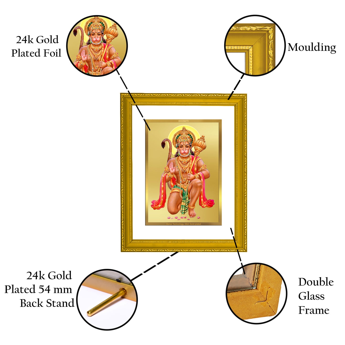 DIVINITI 24K Gold Plated Foil Lord Hanuman Premium Photo Frame Idol for Home Decor, Workshop, Wall Hanging, Puja Room, Gift|DG101 Size 2 (22.6x18.4 CM)