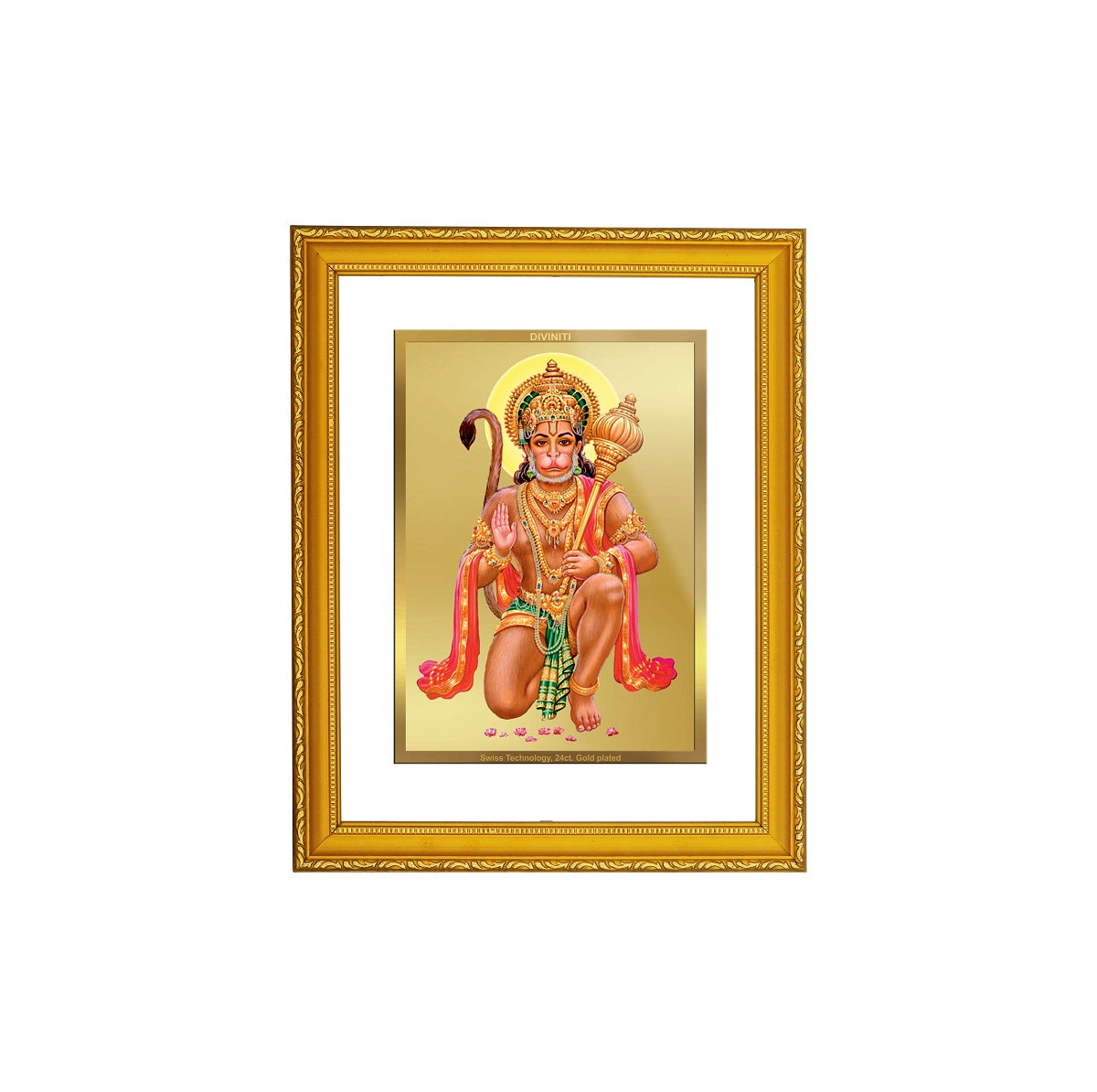 DIVINITI 24K Gold Plated Foil Lord Hanuman Premium Photo Frame Idol for Home Decor, Workshop, Wall Hanging, Puja Room, Gift|DG101 Size 2 (22.6x18.4 CM)