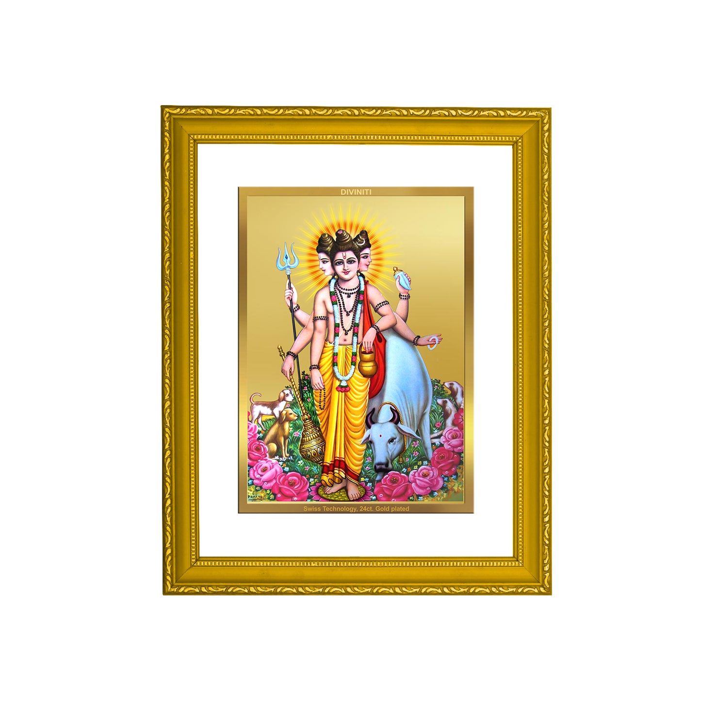 DIVINITI 24K Gold Plated Foil Dattatreya Modern Photo Frame Idol for Puja Room, Home Decor, Wall Hanging, Premium Gift|DG101 Size 2 (22.6x18.4 CM)
