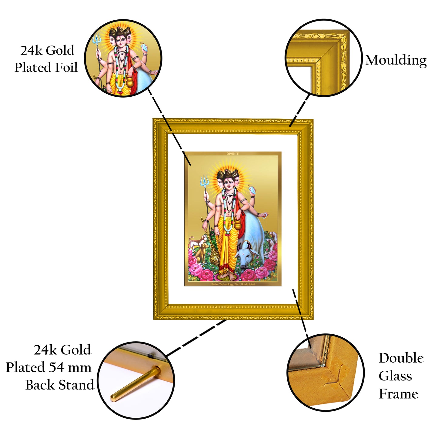 DIVINITI 24K Gold Plated Foil Dattatreya Modern Photo Frame Idol for Puja Room, Home Decor, Wall Hanging, Premium Gift|DG101 Size 2 (22.6x18.4 CM)