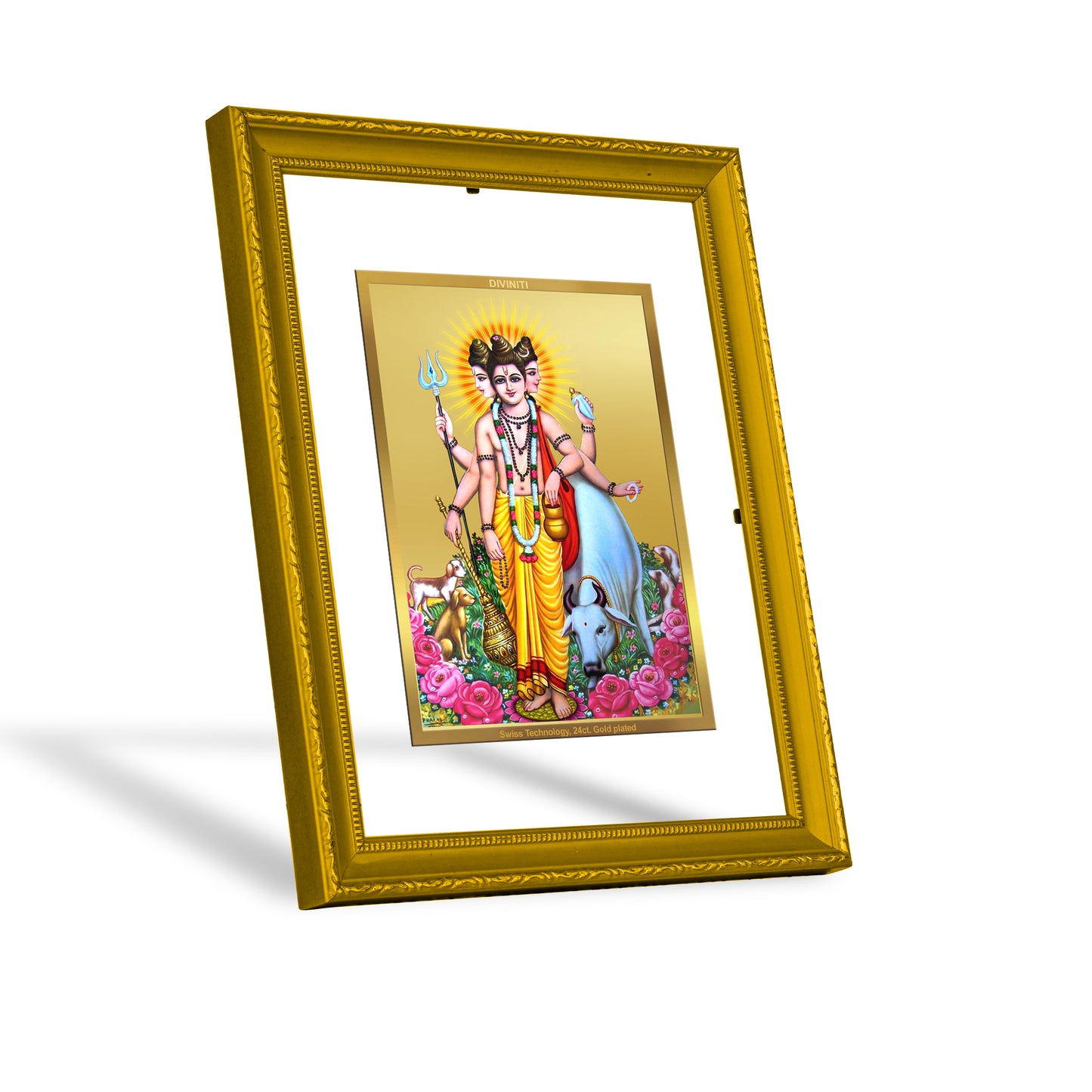 DIVINITI 24K Gold Plated Foil Dattatreya Modern Photo Frame Idol for Puja Room, Home Decor, Wall Hanging, Premium Gift|DG101 Size 2 (22.6x18.4 CM)