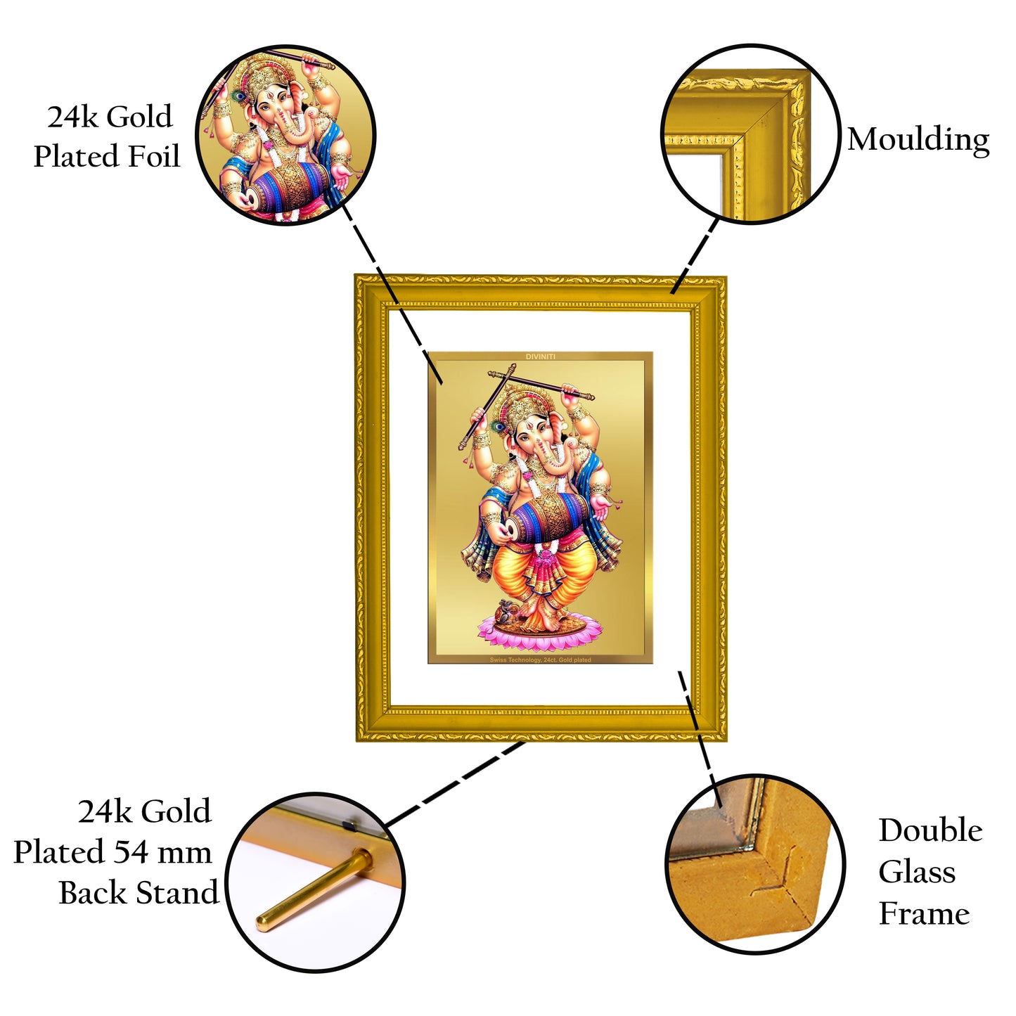 DIVINITI 24K Gold Plated Foil Lord Ganesha Classic Photo Frame Idol for Home Decor, Wall Hanging, Puja Room, Workshop, Gift|DG101 Size 2 (22.6x18.4 CM)