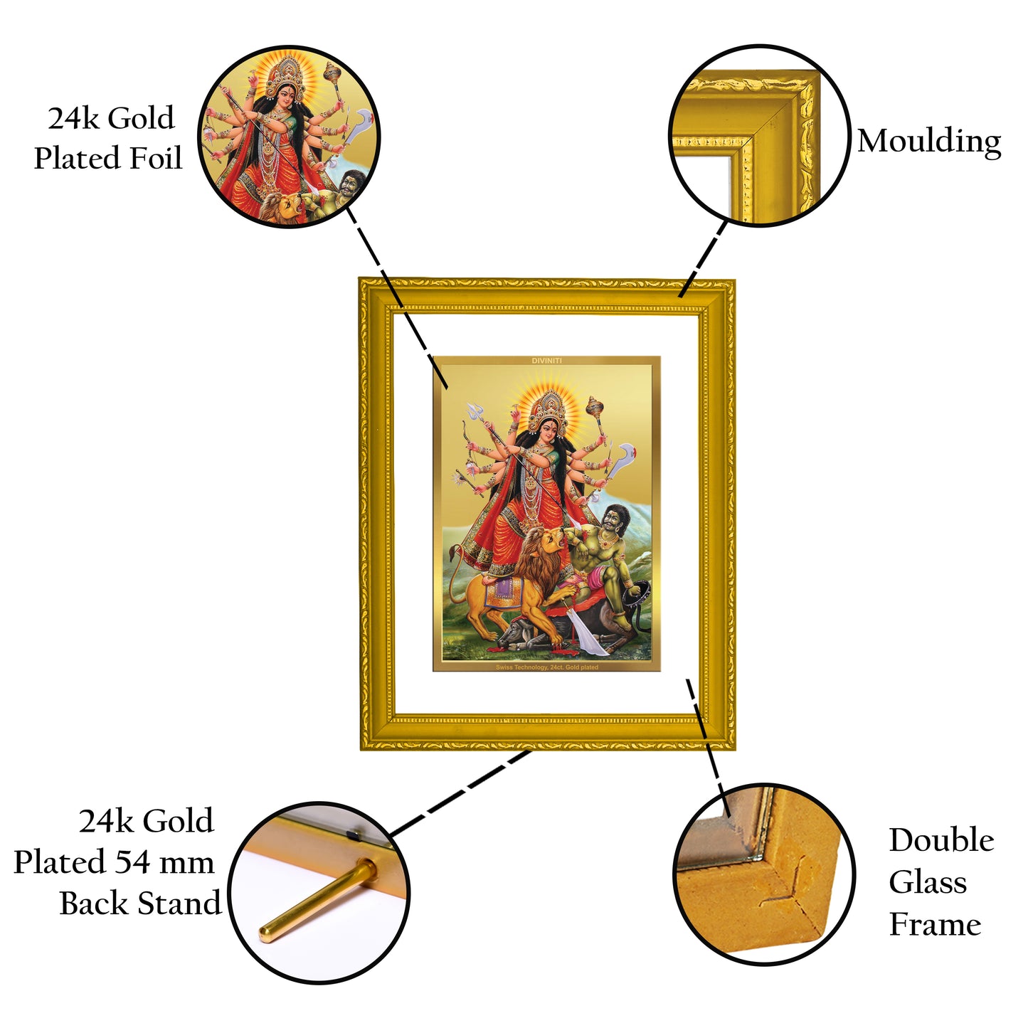 DIVINITI 24K Gold Plated Foil Goddess Durga Wall Photo Frame Idol for Home Decor, Prayer, Workshop, Premium Gift|DG101 Size 2 (22.6x18.4 CM)