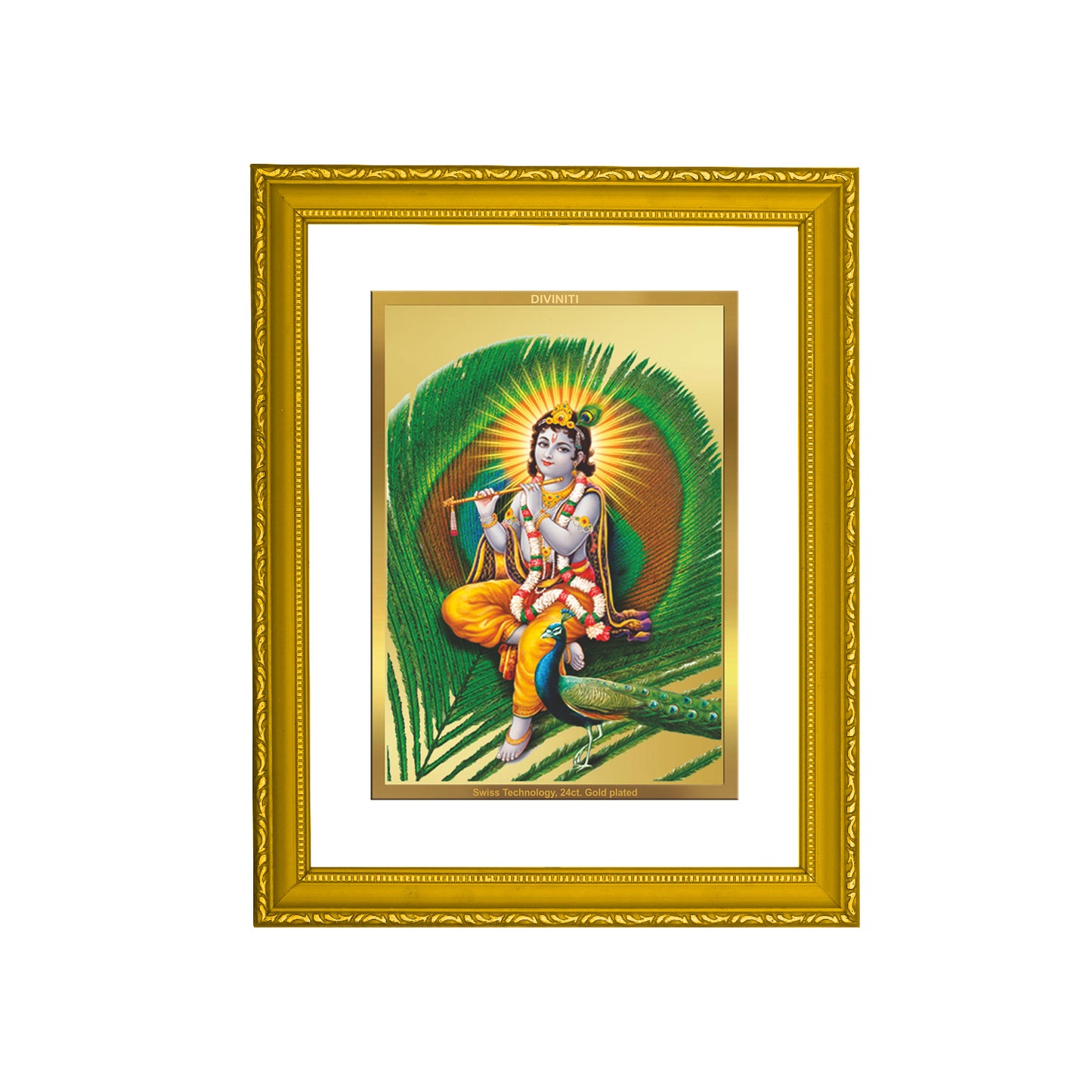DIVINITI 24K Gold Plated Lord Krishna Photo Frame Idol for Home Decor, Puja Room, Table Top, Wall Hanging, Workshop, Gift|DG101 Size 2 (22.6x18.4 CM)