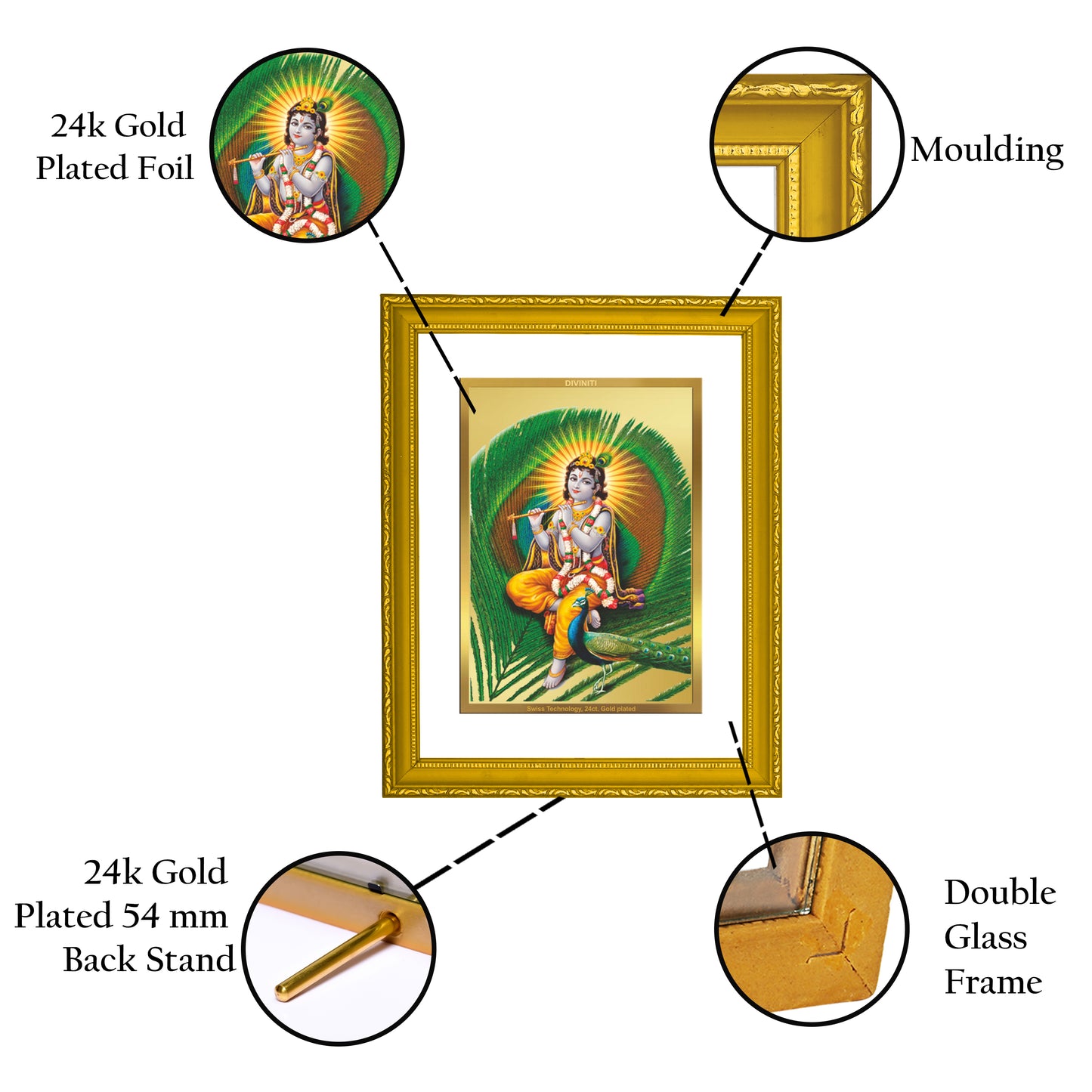 DIVINITI 24K Gold Plated Lord Krishna Photo Frame Idol for Home Decor, Puja Room, Table Top, Wall Hanging, Workshop, Gift|DG101 Size 2 (22.6x18.4 CM)