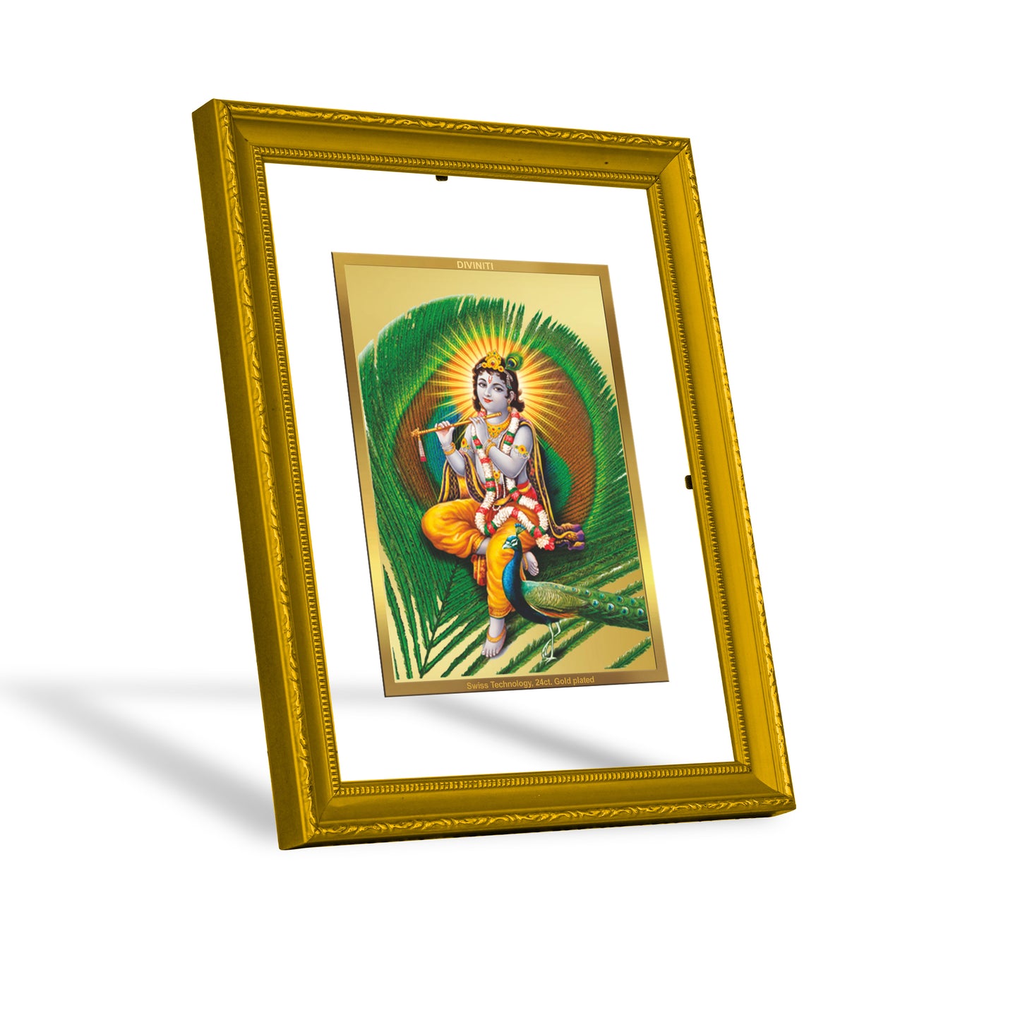 DIVINITI 24K Gold Plated Lord Krishna Photo Frame Idol for Home Decor, Puja Room, Table Top, Wall Hanging, Workshop, Gift|DG101 Size 2 (22.6x18.4 CM)