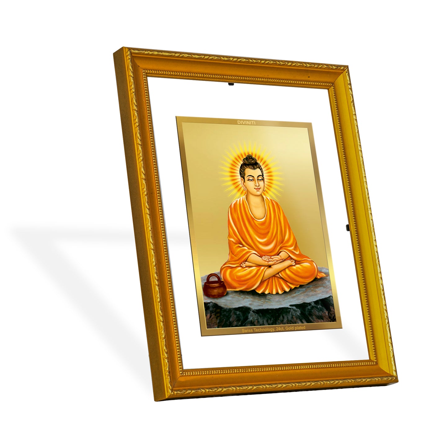 DIVINITI 24K Gold Plated Foil Lord Buddha Photo Frame Idol for Home Decor, Prayer, Workshop, Prayer, Gift|DG101 Size 2 (22.6x18.4 CM)