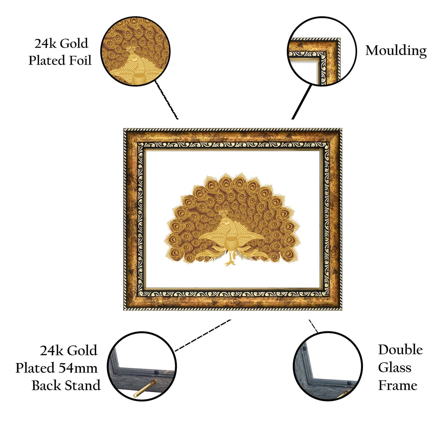 Diviniti 24K Gold Plated Foil Peacock Photo Frame for Home Décor, Wall Hanging, Living Room, Hall, Guest Room, Showpiece & Gift DG113S3 (27.6X35.4 CM)