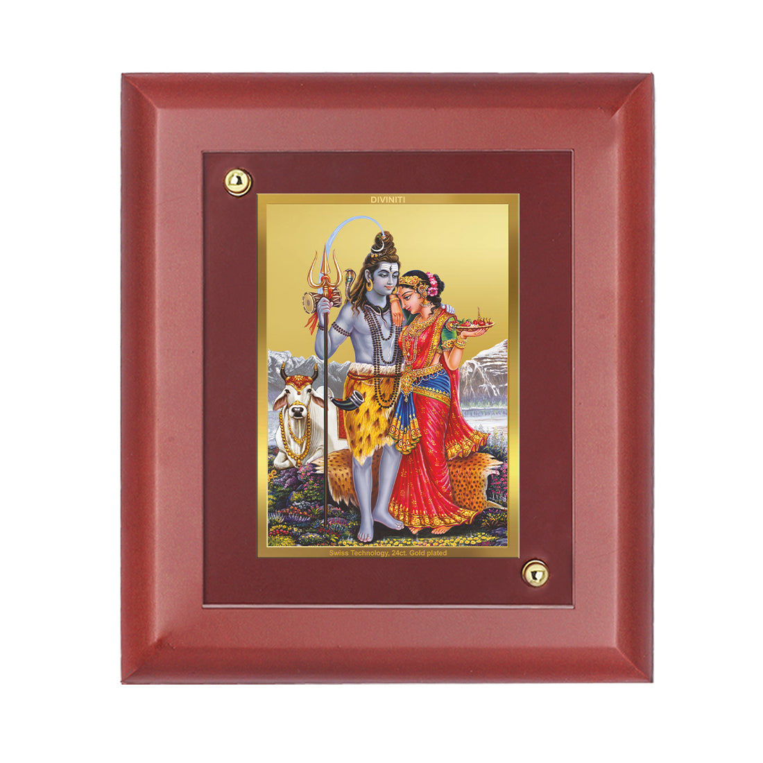 DIVINITI 24K Gold Plated Foil Shiv Parvati Luxurious Photo Frame Idol for Wall Decor, Workshop, Puja Room, Table Top, Gift|MDF Size 1 (16.7x14.2 CM)