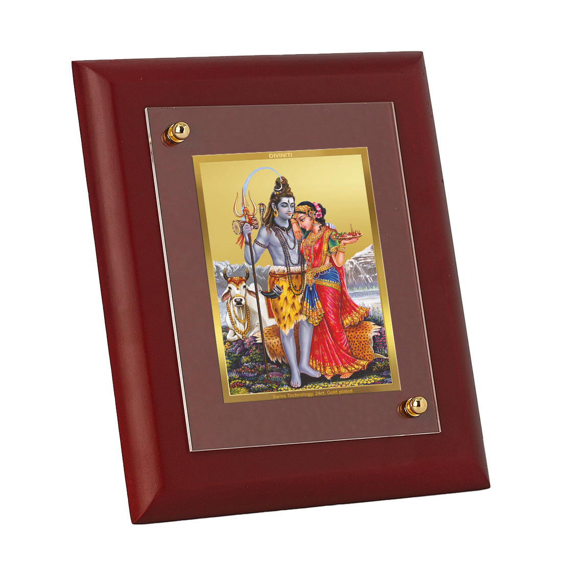 DIVINITI 24K Gold Plated Foil Shiv Parvati Luxurious Photo Frame Idol for Wall Decor, Workshop, Puja Room, Table Top, Gift|MDF Size 1 (16.7x14.2 CM)