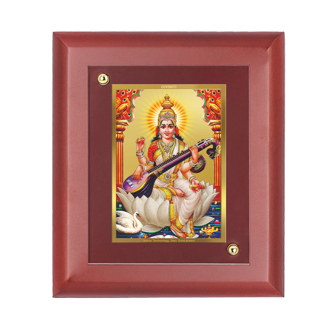DIVINITI 24K Gold Plated Foil Goddess Saraswati Classic Wall Photo Frame Idol for Home & Office Decor, Table Top, Puja Room, Gift|MDF Size 1 (16.7x14.2 CM)