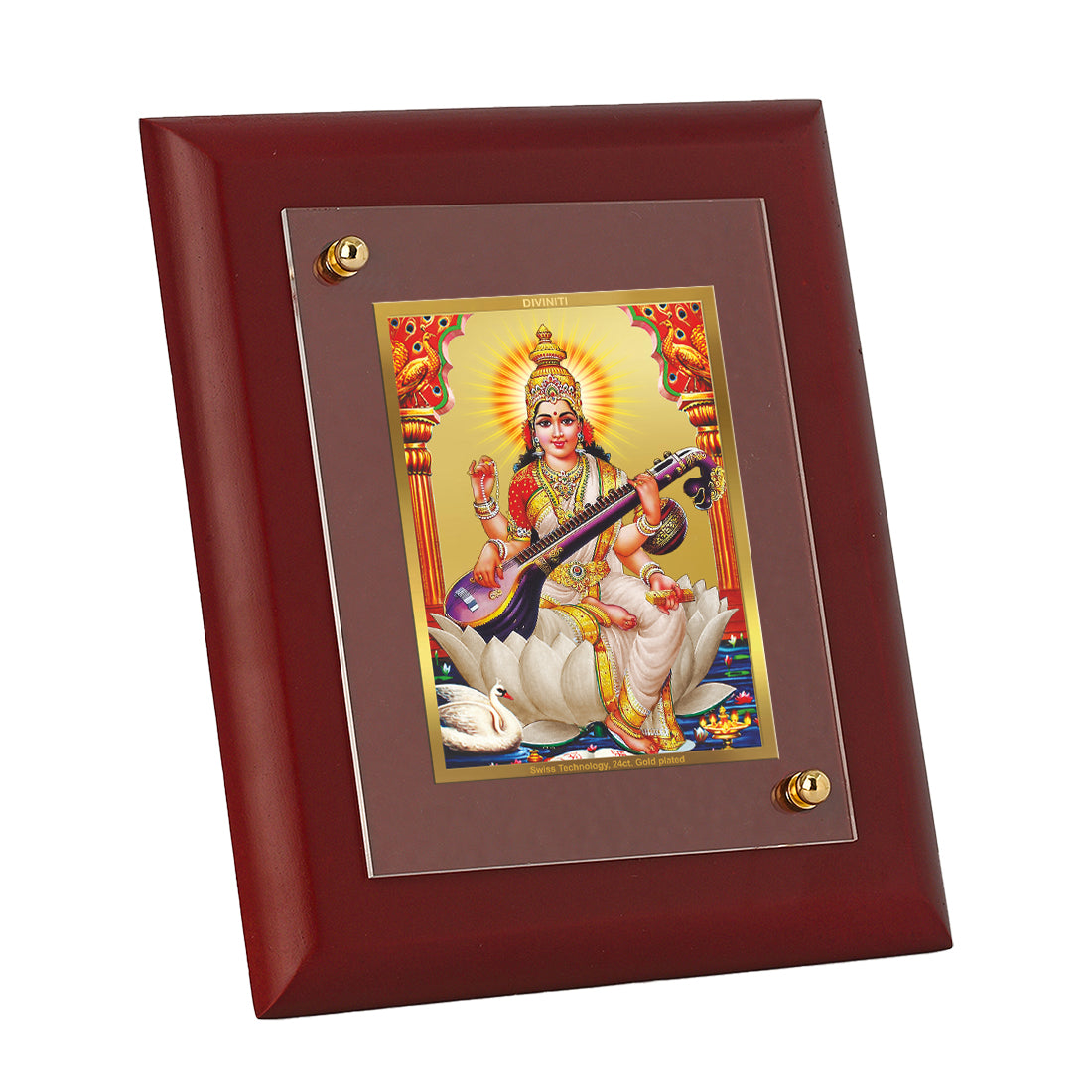 DIVINITI 24K Gold Plated Foil Goddess Saraswati Classic Wall Photo Frame Idol for Home & Office Decor, Table Top, Puja Room, Gift|MDF Size 1 (16.7x14.2 CM)