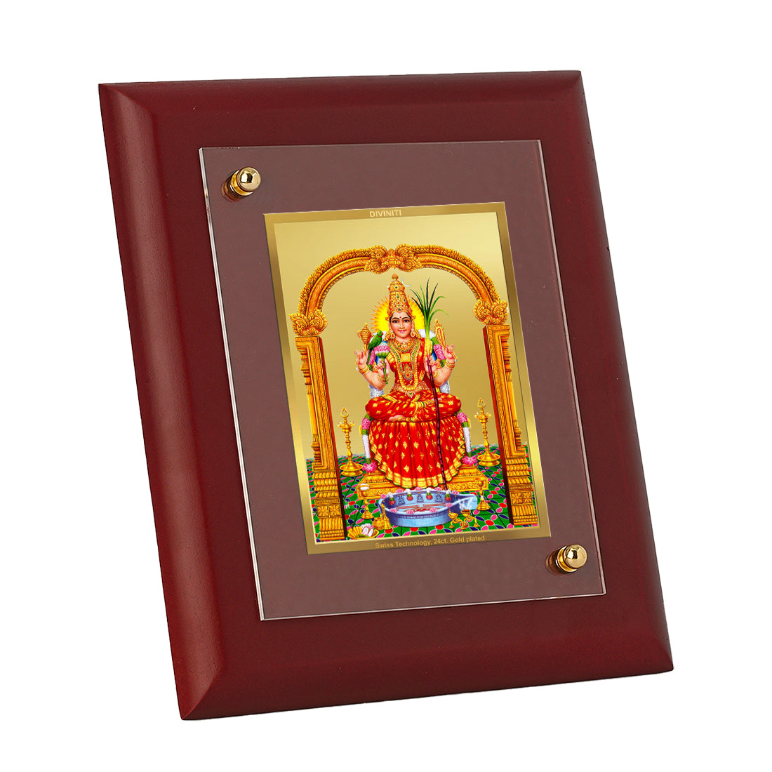 DIVINITI 24K Gold Plated Foil Kanchi Kamakshi Amman Classic Photo Frame Idol for Home Wall Decor, Table Top, Gift|MDF Size 1 (16.7x14.2 CM)
