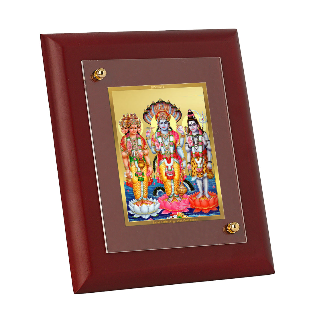 DIVINITI 24K Gold Plated Brahma Vishnu Mahesh Photo Frame for Wall Hanging, Home Decor, Table Tops, Puja Room, Gift|MDF Size 1 (16.7x14.2 CM)