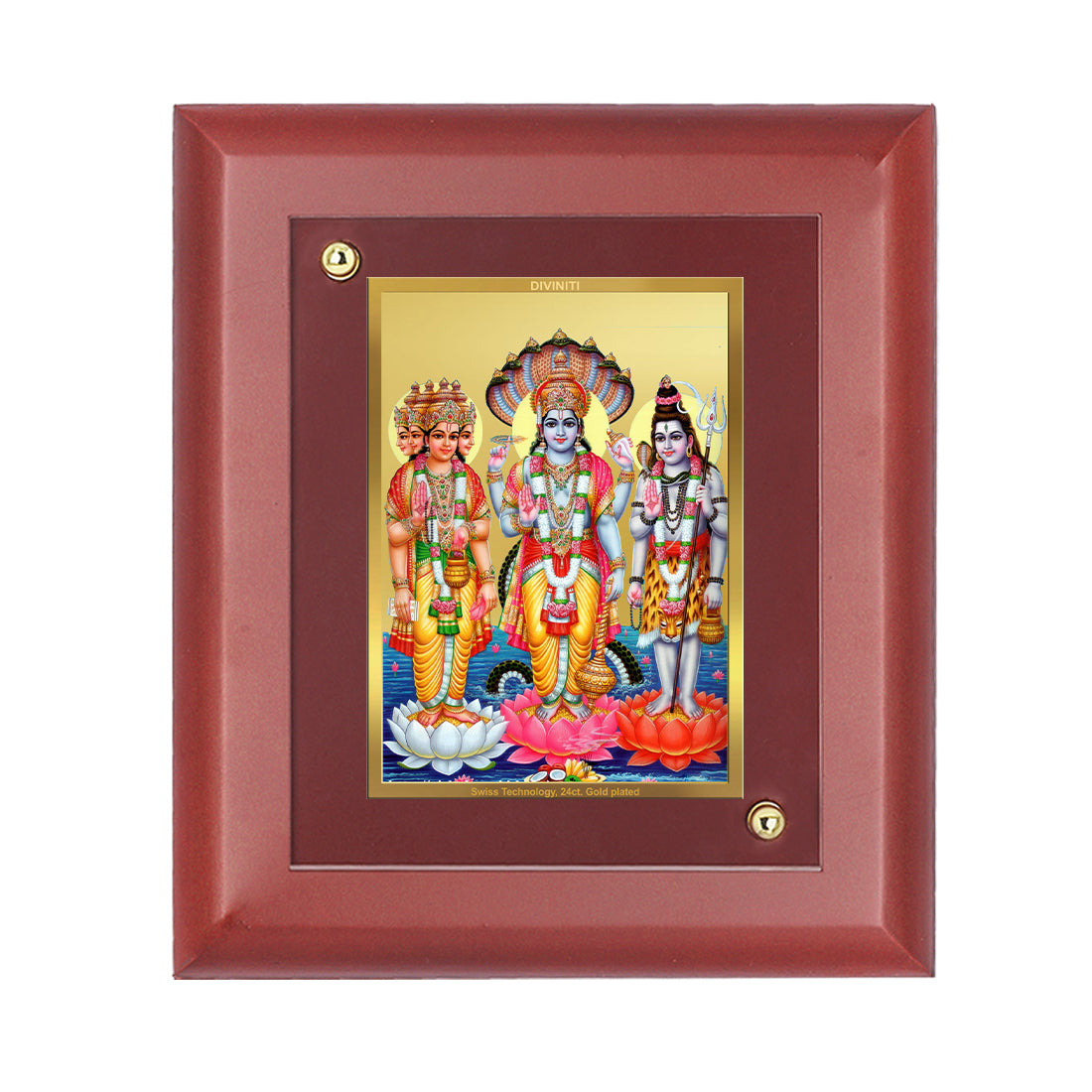 DIVINITI 24K Gold Plated Brahma Vishnu Mahesh Photo Frame for Wall Hanging, Home Decor, Table Tops, Puja Room, Gift|MDF Size 1 (16.7x14.2 CM)