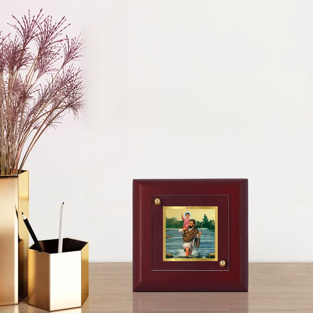 Diviniti 24K Gold Plated Foil Saint Christopher Photo Frame Guidance & Blessings for Home Decor, Tableop, Gift | MDF Size 1A (9.9x9.9 CM)