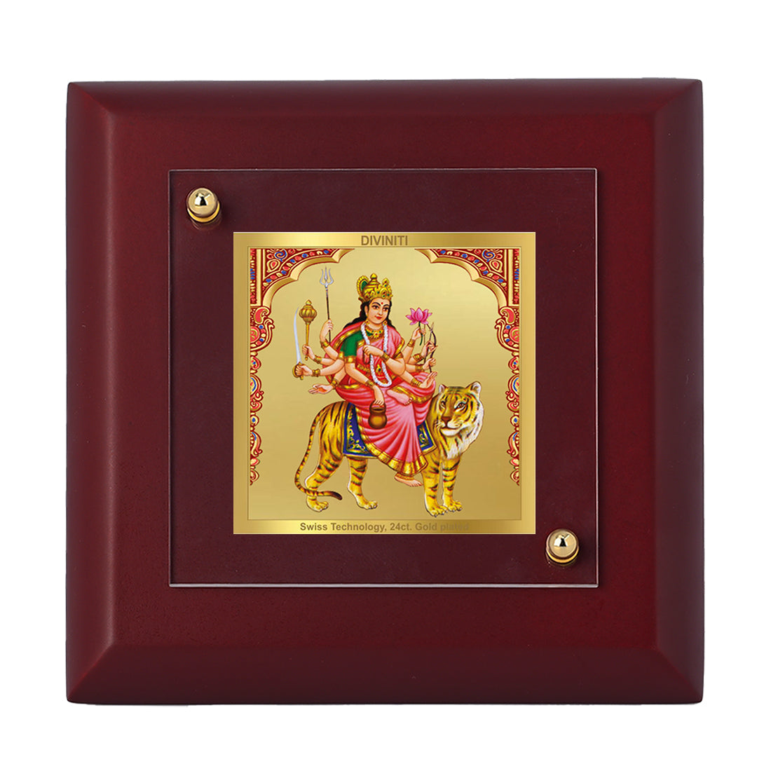 Diviniti 24K Gold Plated Foil Kushmanda Mata Photo Frame For Home Decor, Table Top, Puja, Festival Gift (10 x 10 CM)