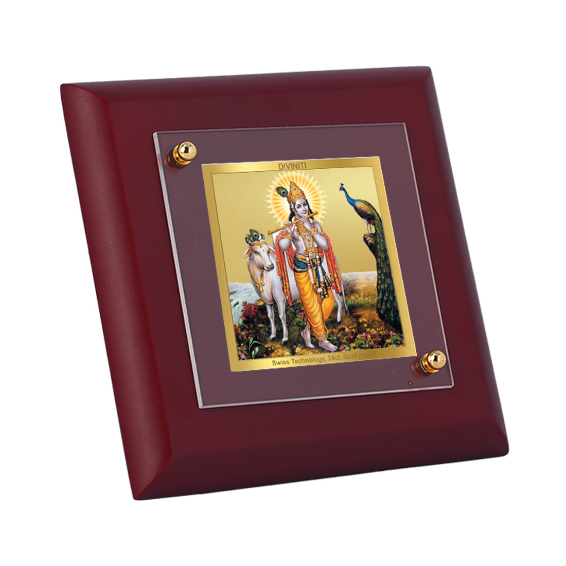 Diviniti 24K Gold Plated Lord Krishna Photo Frame Flute Player for Home Decor, Puja Room, Tabletop, Gift | MDF Size 1A (9.9x9.9 CM)