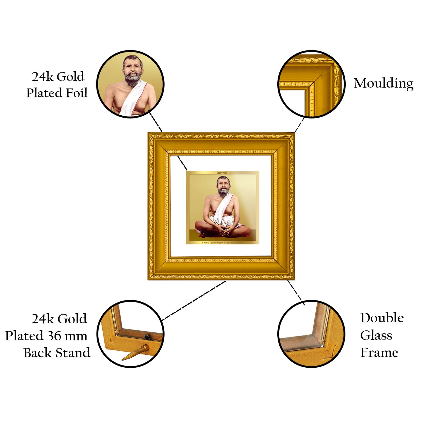 DIVINITI 24K Gold Plated Ramakrishna Photo Frame Idol for Puja Room, Wall Hanging, Table Top, Home Decor, Workshop, Gifts|DG101S1A (10x10 CM)
