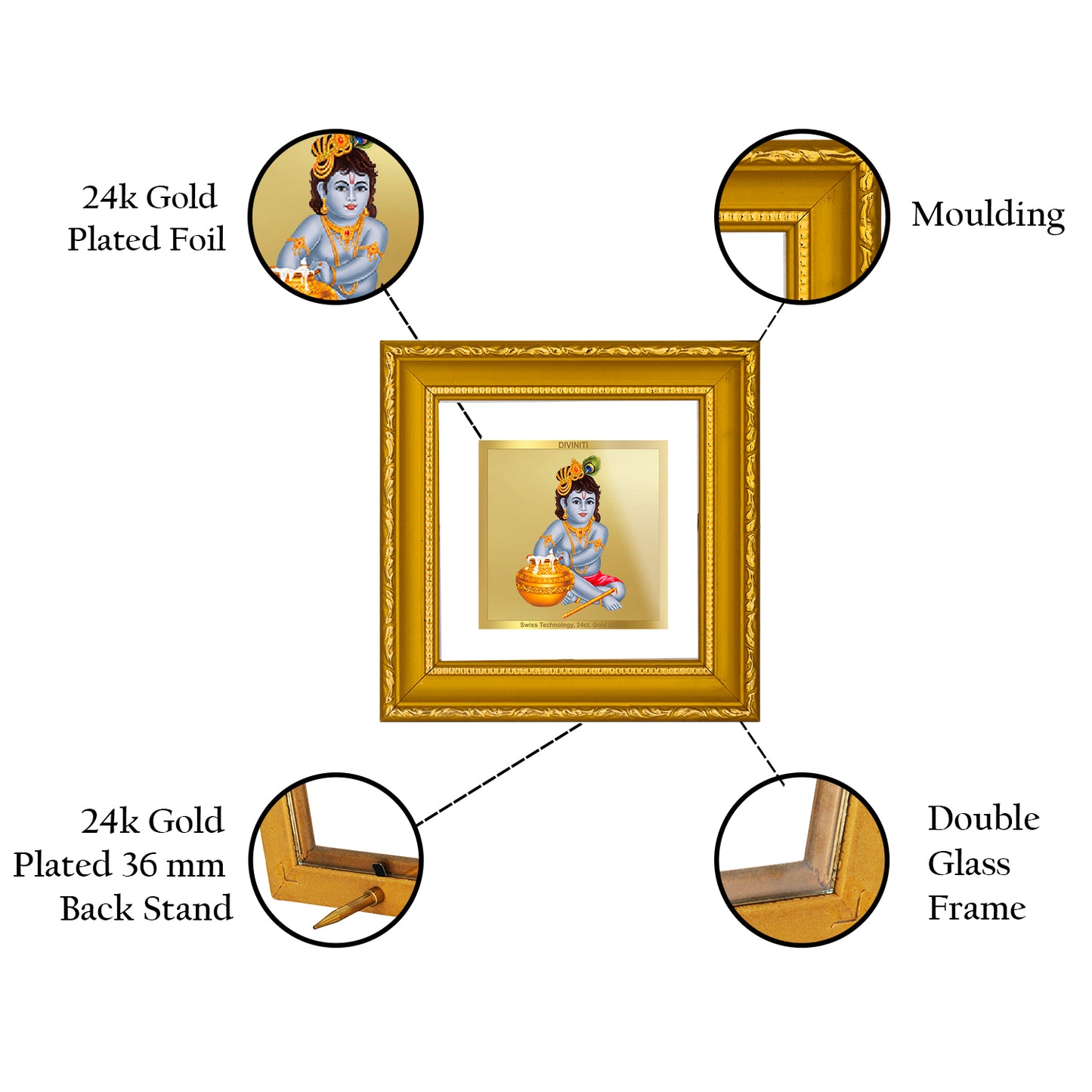 DIVINITI 24K Gold Plated Foil Bal Gopal Traditional Wall Photo Frame Idol for Home Decor, Puja Room, Workshop, Table Top, Premium Gifts|DG101S1A (10x10 CM)