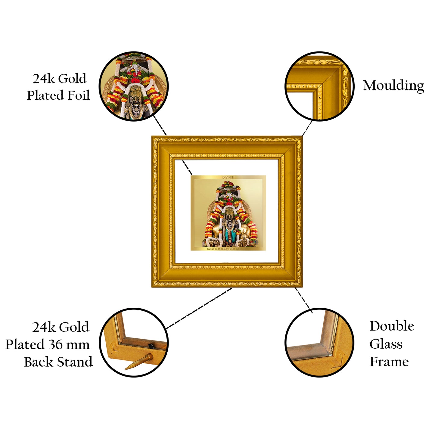 DIVINITI 24K Gold Plated Foil Lord Krishna Exquisite Photo Frame Idol for Wall Hanging, Home Decor, Workshop, Luxurious Gifts|DG101S1A (10x10 CM)