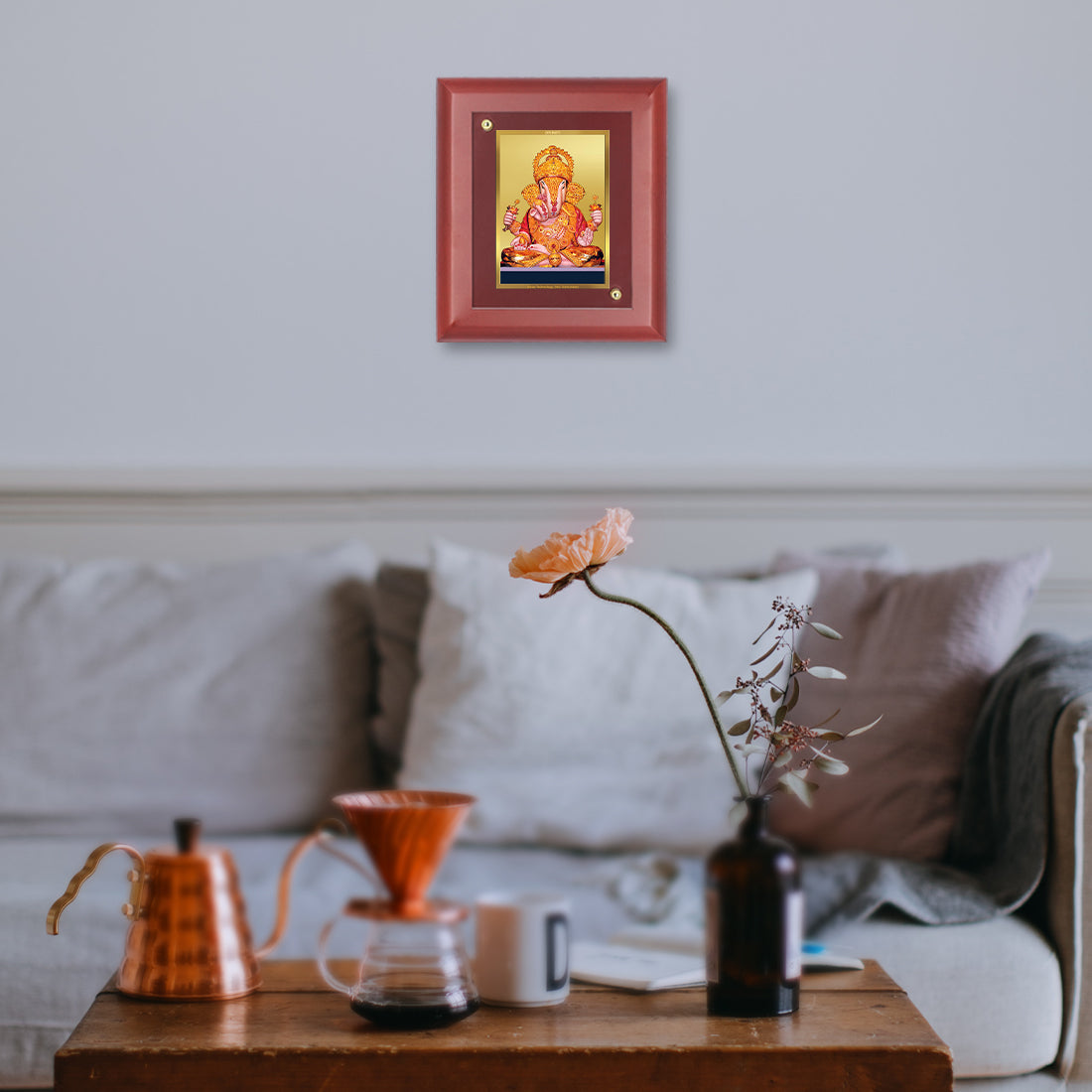 Diviniti 24K Gold Plated Foil Dagadu Ganesha Photo Frame Home & Office Decor, Tabletop, Puja Room, Workshop, Gift Items | MDFS2 (20x16 CM)