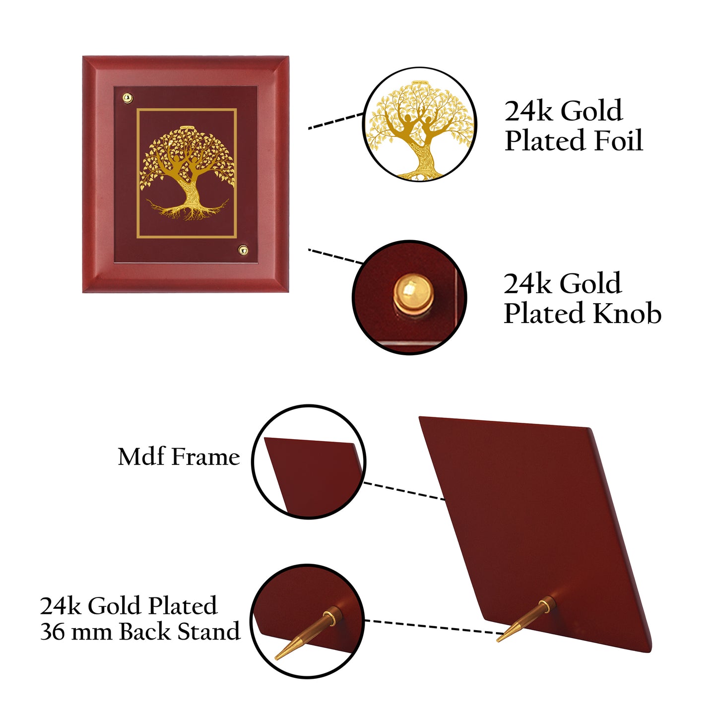 DIVINITI 24K Gold Plated Foil Tree Of Life Wall Hanging Photo Frame Idol for Living Room, Office Room, Table Top, Gift|MDF Size 1 (16.7x14.2 CM)