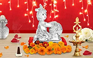 DIVINITI 999 Silver Plated Lord Bal Gopal Idol Exquisite Divine Statue For Home Decor, Office Table Top, Workshop, Puja Room & Gift (11x8.1x5.7 CM)