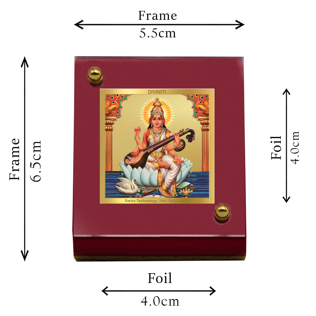 Diviniti 24K Gold Plated Goddess Saraswati Mata Frame For Car Dashboard, Home Decor, Table and Puja (6.5 x 5.5 CM)