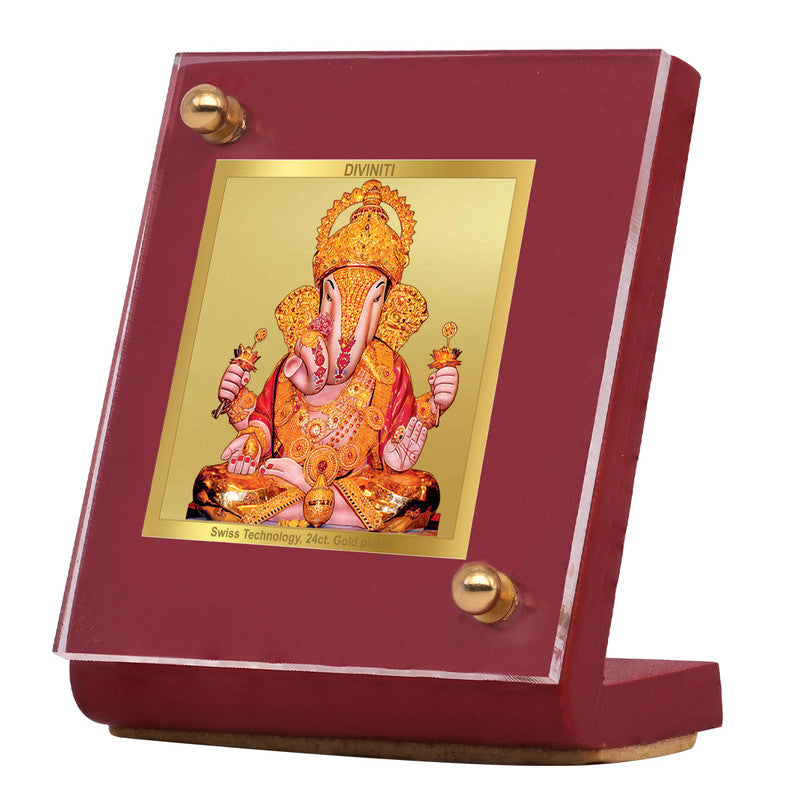DIVINITI 24K Gold Plated Foil Dagru Ganesha Frame For Car Dashboard & Home Decor Showpiece (MDF 1B)(5.5 x 6.5 CM)
