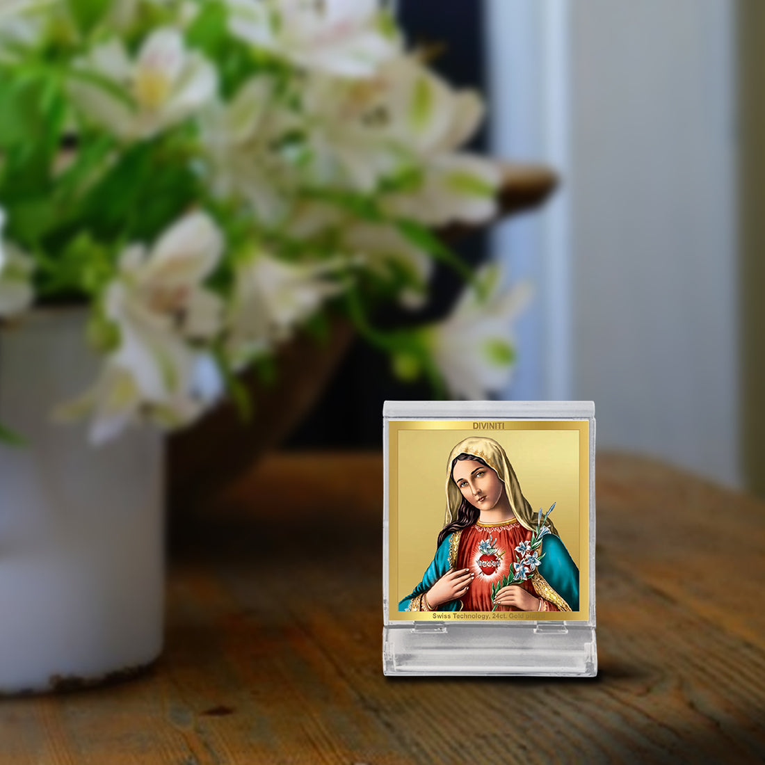 Diviniti 24K Gold Plated Mother Mary Acrylic Frame for Car Dashboard, Home Decor, Tabletop, Festival Gift ACF3A (5.8x4.8 CM)