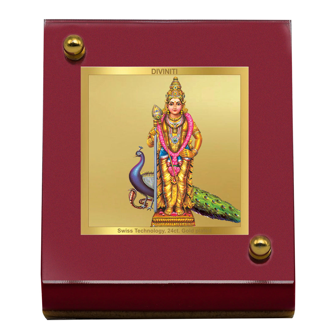 Diviniti 24K Gold Plated Lord Murugan / Karthikeya Frame For Car Dashboard, Home Decor, Tabletop and Worship (MDF 1B)(6.5 x 5.5 CM)