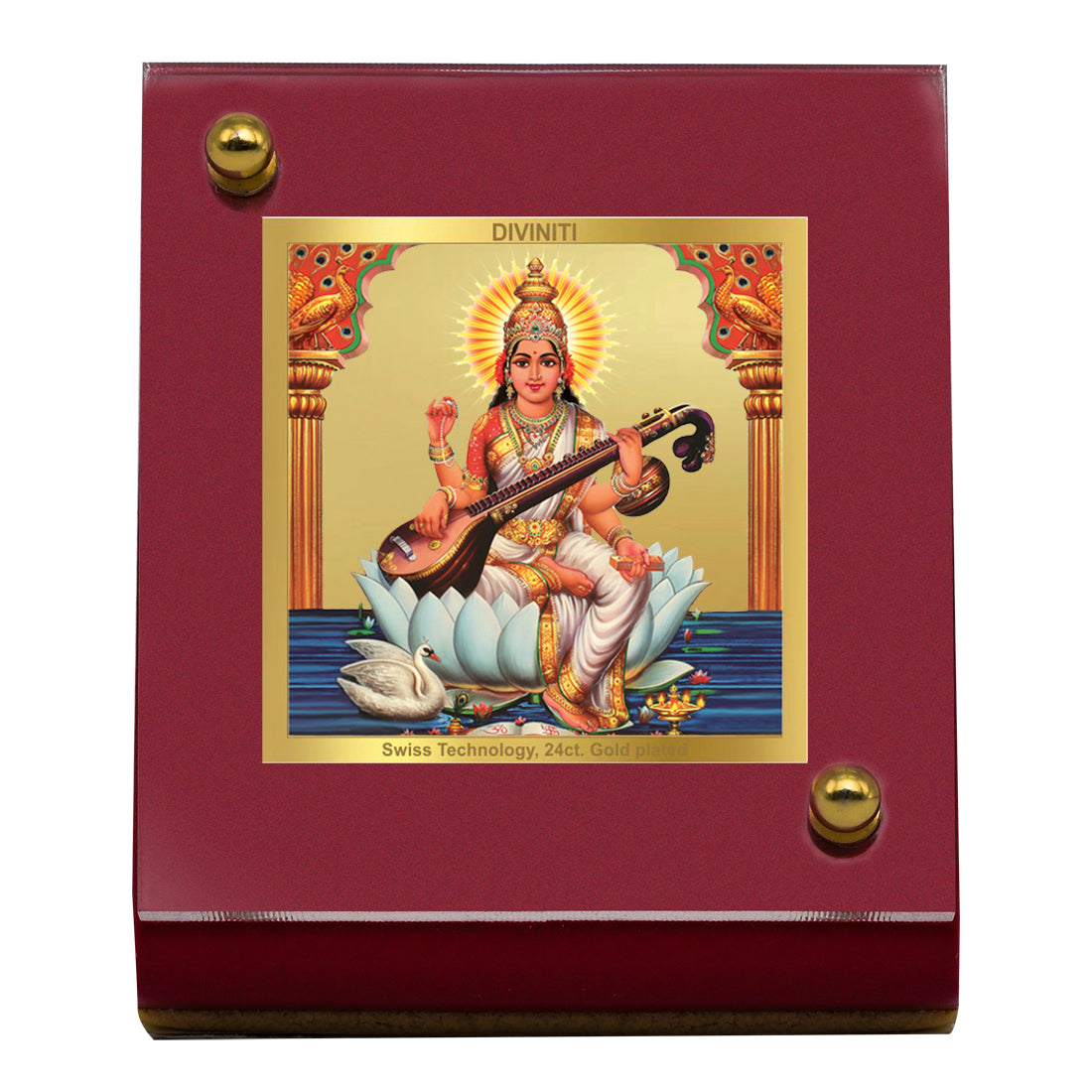 Diviniti 24K Gold Plated Goddess Saraswati Mata Frame For Car Dashboard, Home Decor, Table and Puja (6.5 x 5.5 CM)