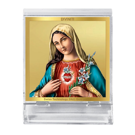 Diviniti 24K Gold Plated Mother Mary Acrylic Frame for Car Dashboard, Home Decor, Tabletop, Festival Gift ACF3A (5.8x4.8 CM)